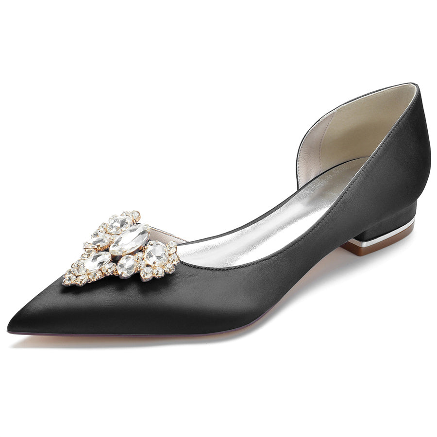 Bridal Shoes for Women with Rhinestones Low Heel Pointed Toe in Silk Satin