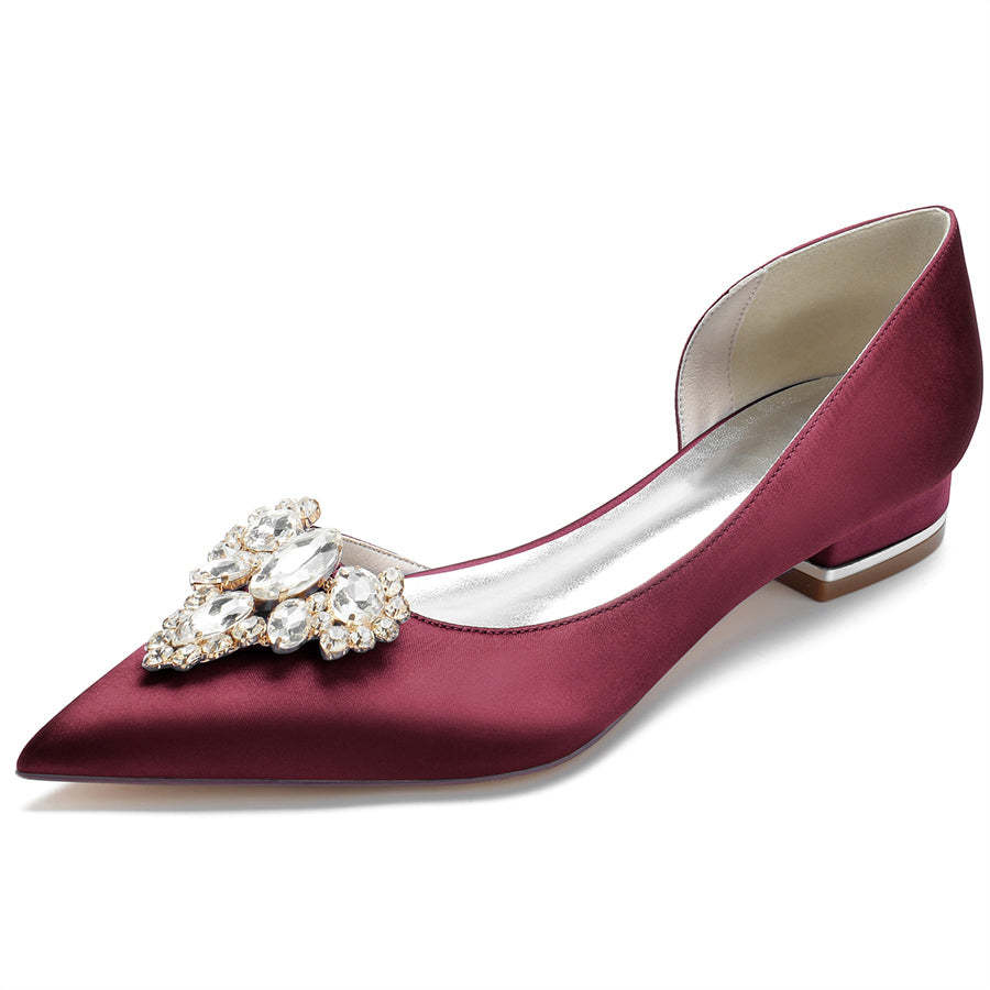 Bridal Shoes for Women with Rhinestones Low Heel Pointed Toe in Silk Satin