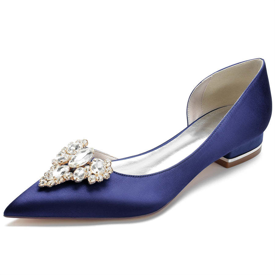 Bridal Shoes for Women with Rhinestones Low Heel Pointed Toe in Silk Satin