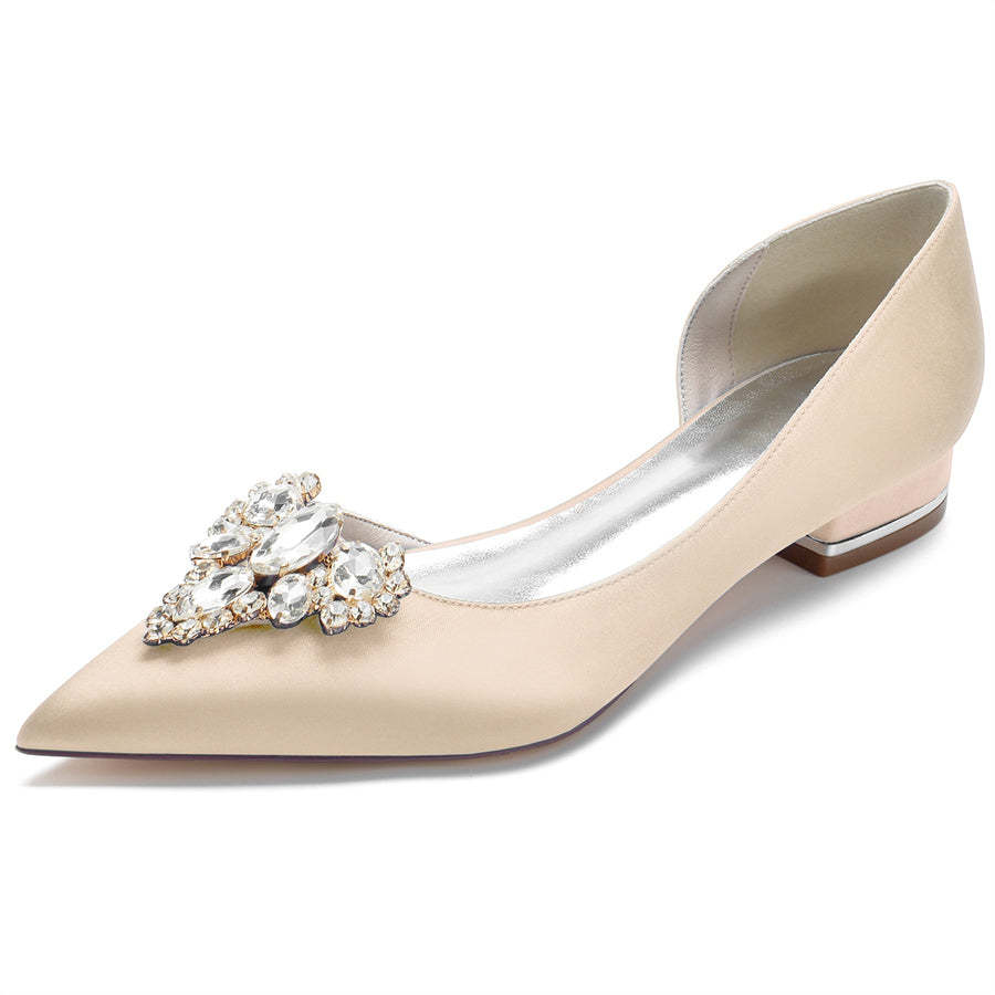 Bridal Shoes for Women with Rhinestones Low Heel Pointed Toe in Silk Satin