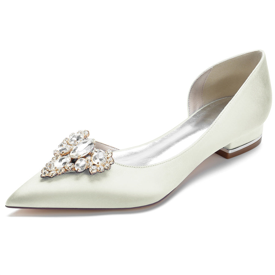 Bridal Shoes for Women with Rhinestones Low Heel Pointed Toe in Silk Satin