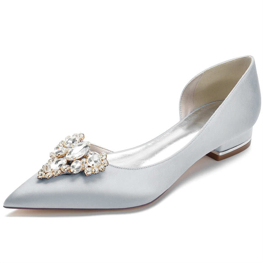 Bridal Shoes for Women with Rhinestones Low Heel Pointed Toe in Silk Satin