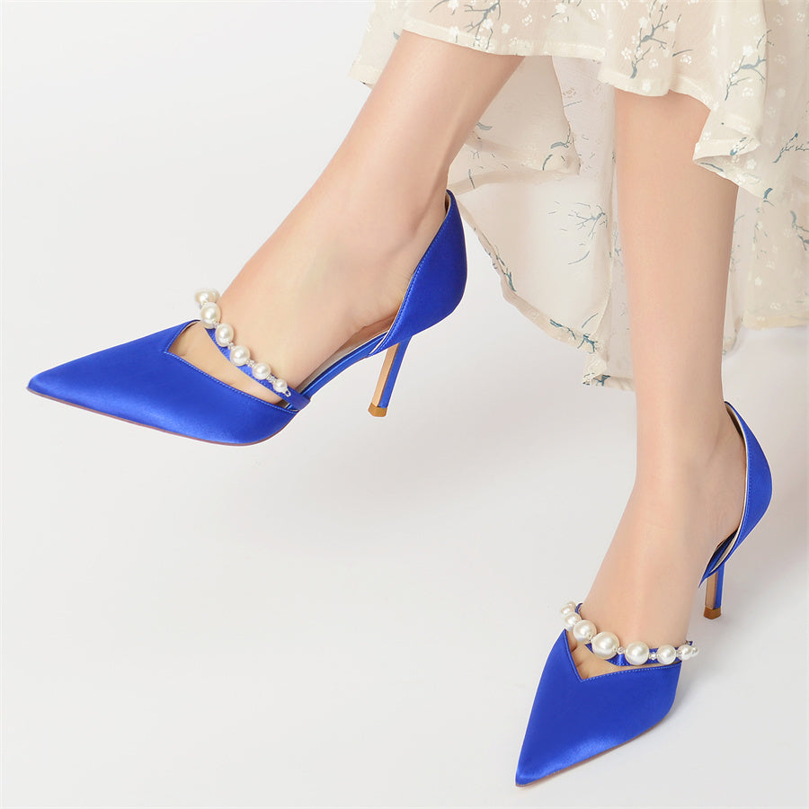 Elegant Women's Pearl-Adorned Bridal Stilettos with Pointed Toes