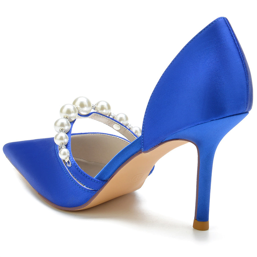 Elegant Women's Pearl-Adorned Bridal Stilettos with Pointed Toes
