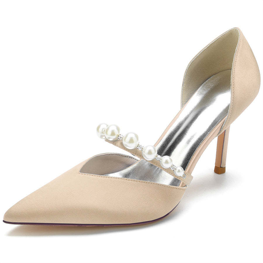 Elegant Women's Pearl-Adorned Bridal Stilettos with Pointed Toes