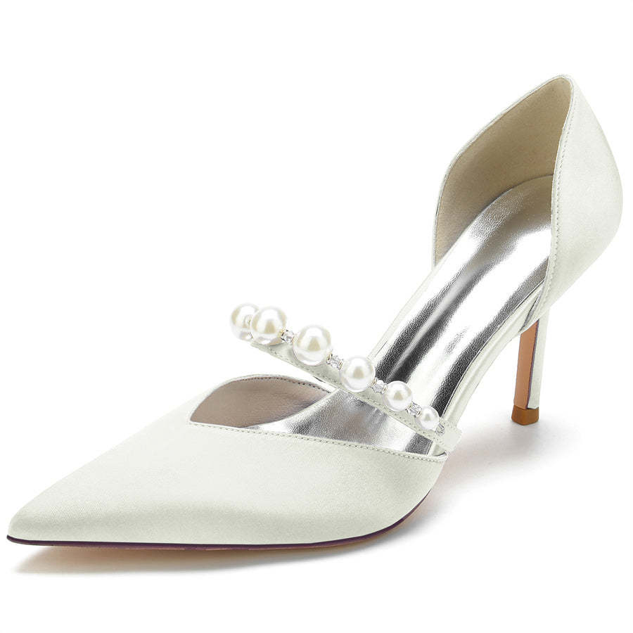Elegant Women's Pearl-Adorned Bridal Stilettos with Pointed Toes