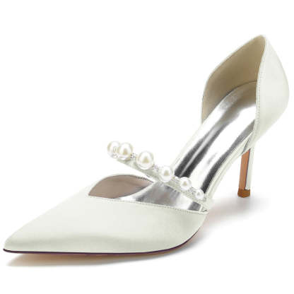 Elegant Women's Pearl-Adorned Bridal Stilettos with Pointed Toes