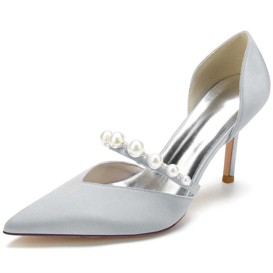 Elegant Women's Pearl-Adorned Bridal Stilettos with Pointed Toes