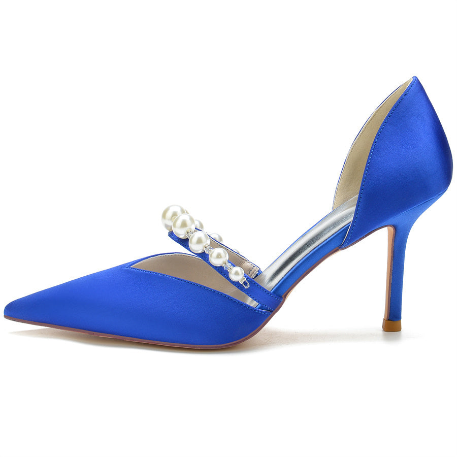 Elegant Women's Pearl-Adorned Bridal Stilettos with Pointed Toes