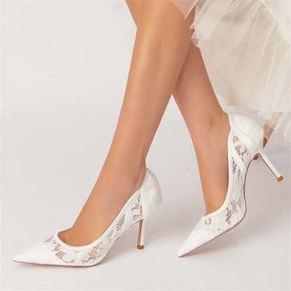 Bridal Stiletto Heels for Women: Minimalist Pointed-Toe Lace Wedding Shoes