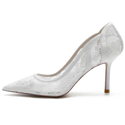 Bridal Stiletto Heels for Women: Minimalist Pointed-Toe Lace Wedding Shoes