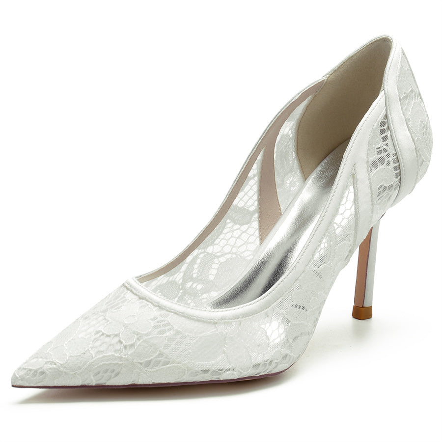 Bridal Stiletto Heels for Women: Minimalist Pointed-Toe Lace Wedding Shoes