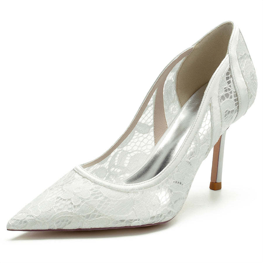 Bridal Stiletto Heels for Women: Minimalist Pointed-Toe Lace Wedding Shoes