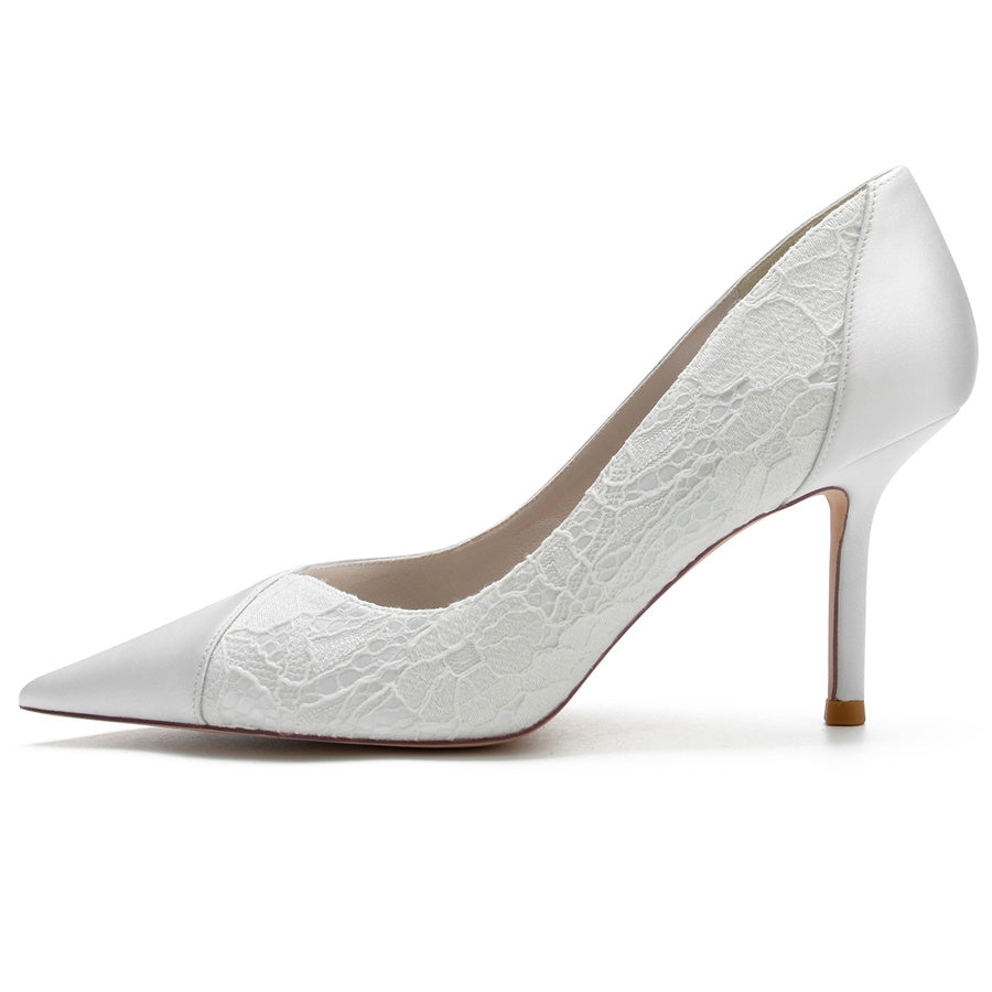 Minimalist Bridal High Heel Shoes for Women with Pointed Toe and Lace Stitching