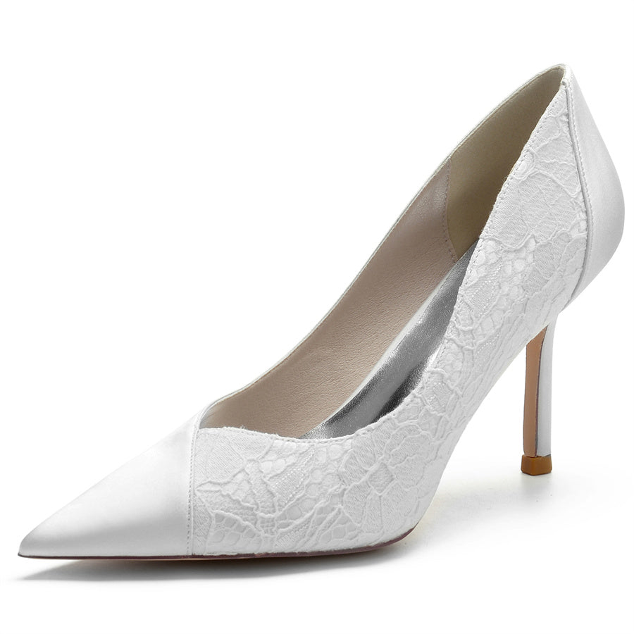Minimalist Bridal High Heel Shoes for Women with Pointed Toe and Lace Stitching