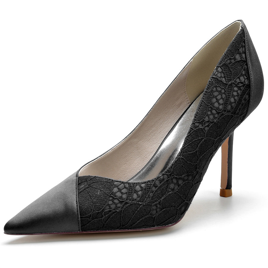 Minimalist Bridal High Heel Shoes for Women with Pointed Toe and Lace Stitching