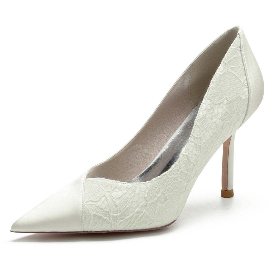 Minimalist Bridal High Heel Shoes for Women with Pointed Toe and Lace Stitching