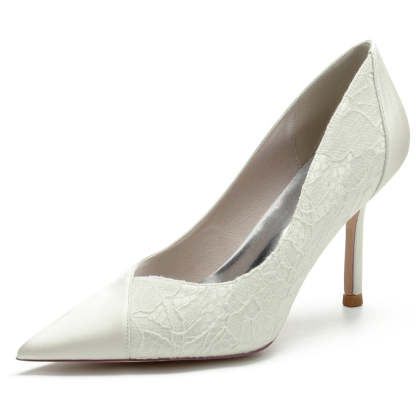 Minimalist Bridal High Heel Shoes for Women with Pointed Toe and Lace Stitching