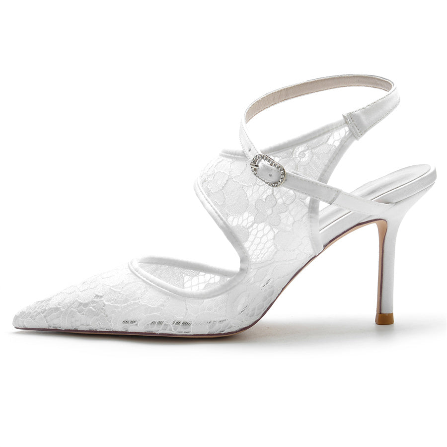Bridal Shoes for Women with Pointed Toe and High Heel in Unique Lace Design