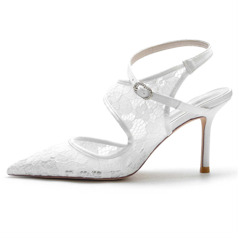 Bridal Shoes for Women with Pointed Toe and High Heel in Unique Lace Design