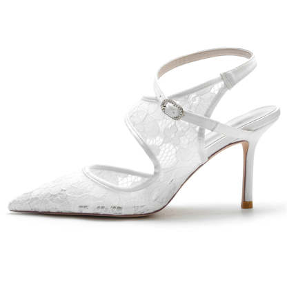 Bridal Shoes for Women with Pointed Toe and High Heel in Unique Lace Design