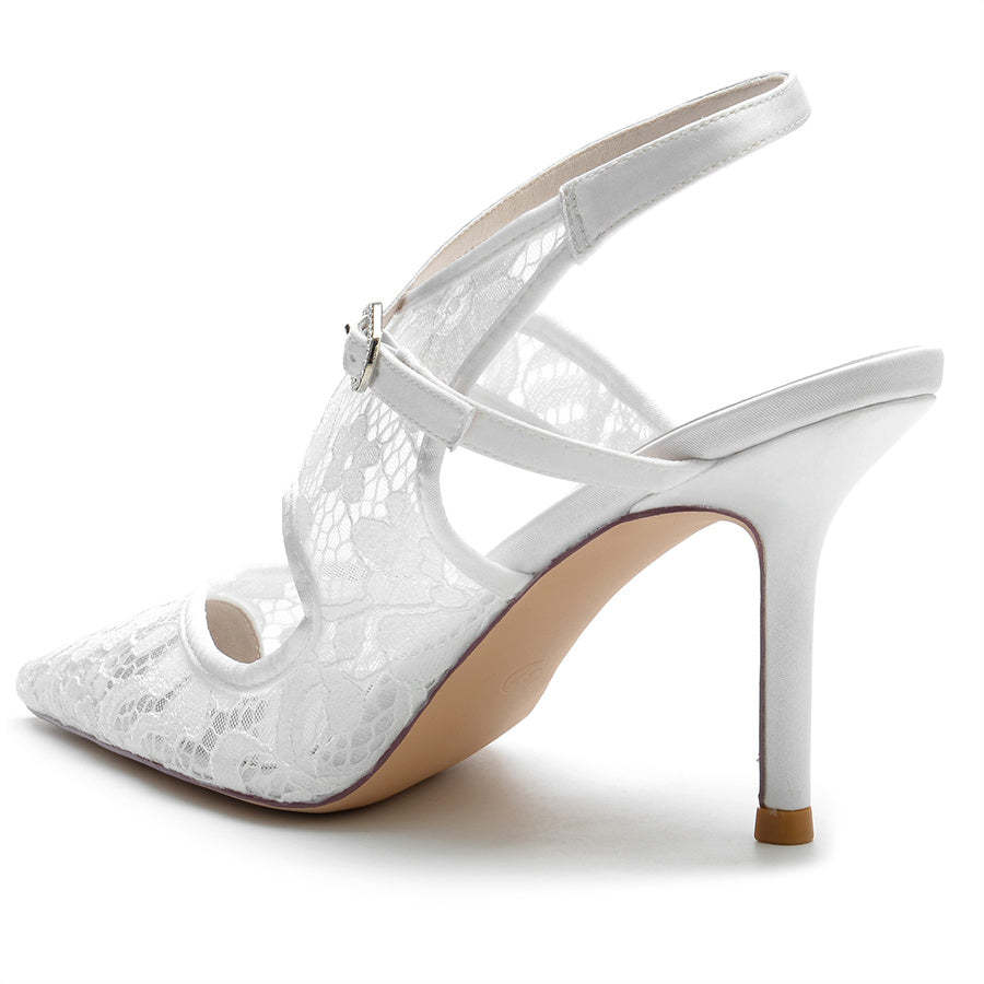 Bridal Shoes for Women with Pointed Toe and High Heel in Unique Lace Design