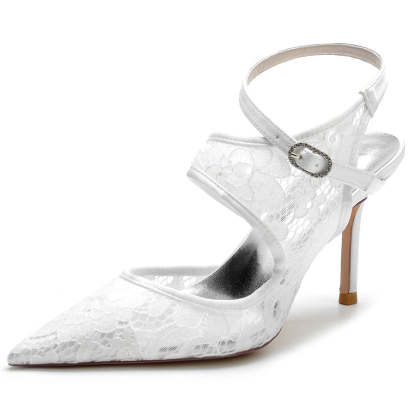 Bridal Shoes for Women with Pointed Toe and High Heel in Unique Lace Design