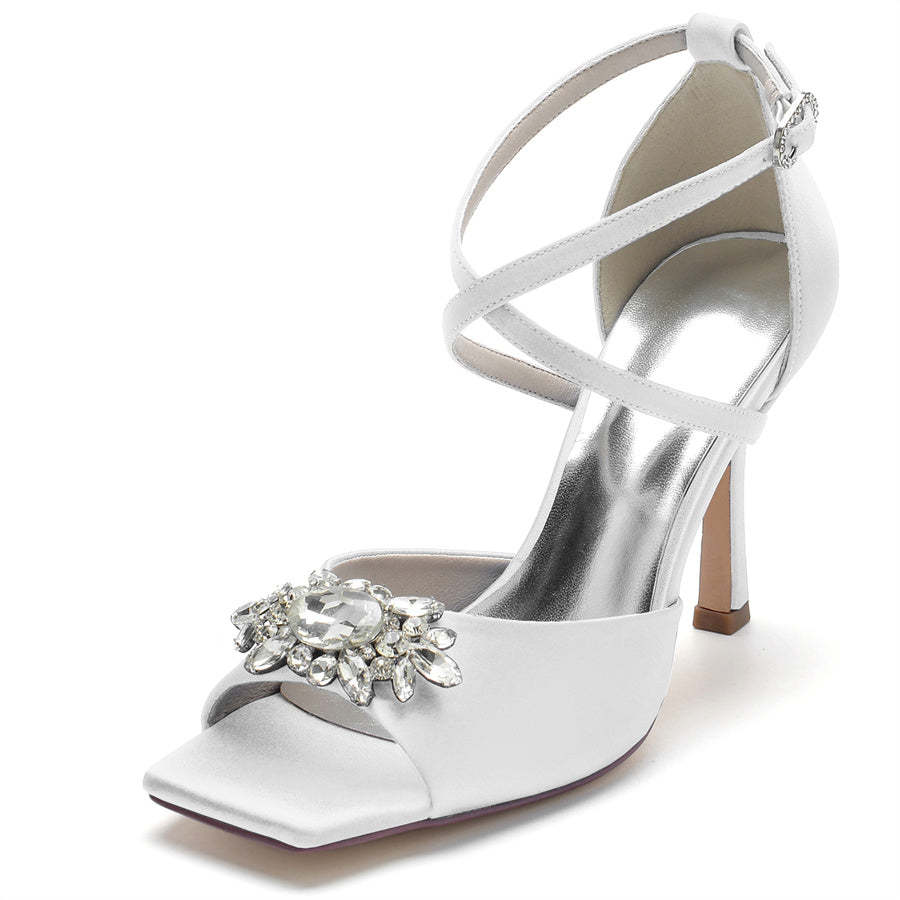 Elegant Peep Toe High Heel Bridal Shoes for Women with Rhinestones