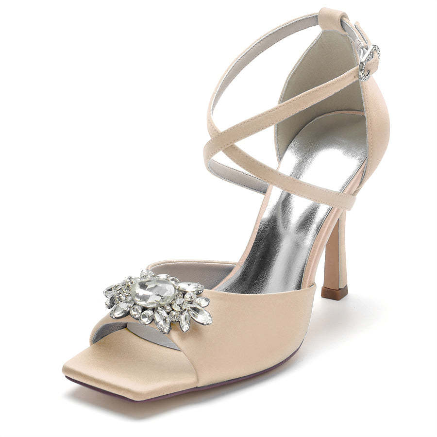 Elegant Peep Toe High Heel Bridal Shoes for Women with Rhinestones