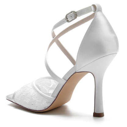 Bridal Peep Toe High Heel Shoes for Women with Criss Cross Lace Straps