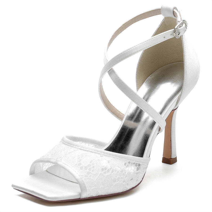 Bridal Peep Toe High Heel Shoes for Women with Criss Cross Lace Straps