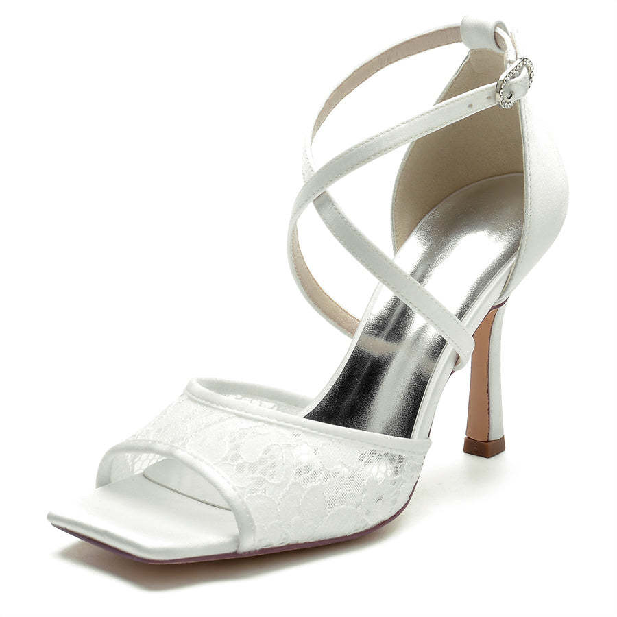 Bridal Peep Toe High Heel Shoes for Women with Criss Cross Lace Straps