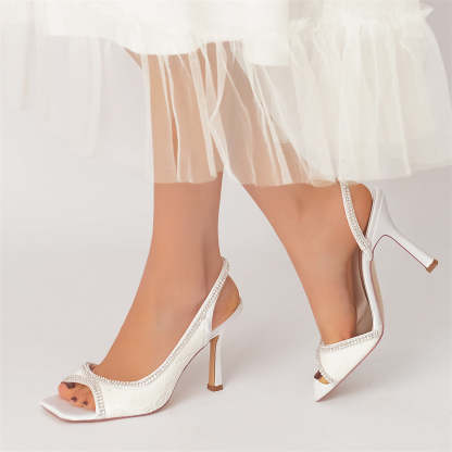 Bridal Lace Peep Toe High Heel Shoes with Crystals for Women