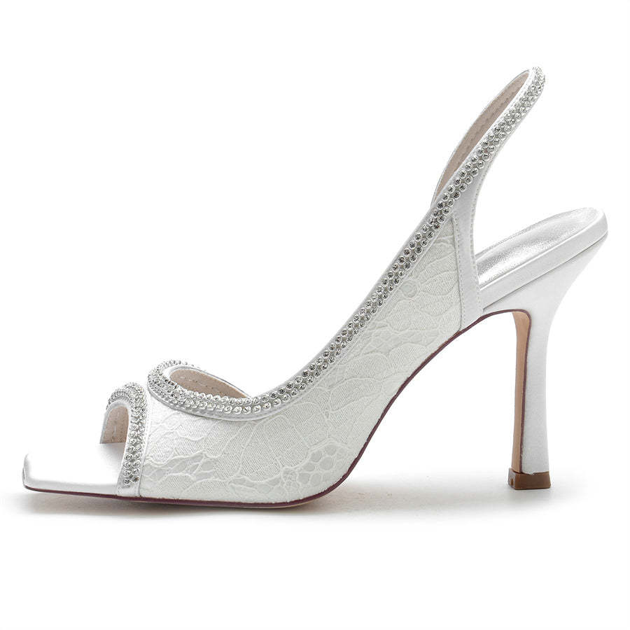 Bridal Lace Peep Toe High Heel Shoes with Crystals for Women