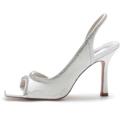 Bridal Lace Peep Toe High Heel Shoes with Crystals for Women