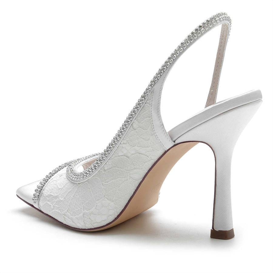 Bridal Lace Peep Toe High Heel Shoes with Crystals for Women