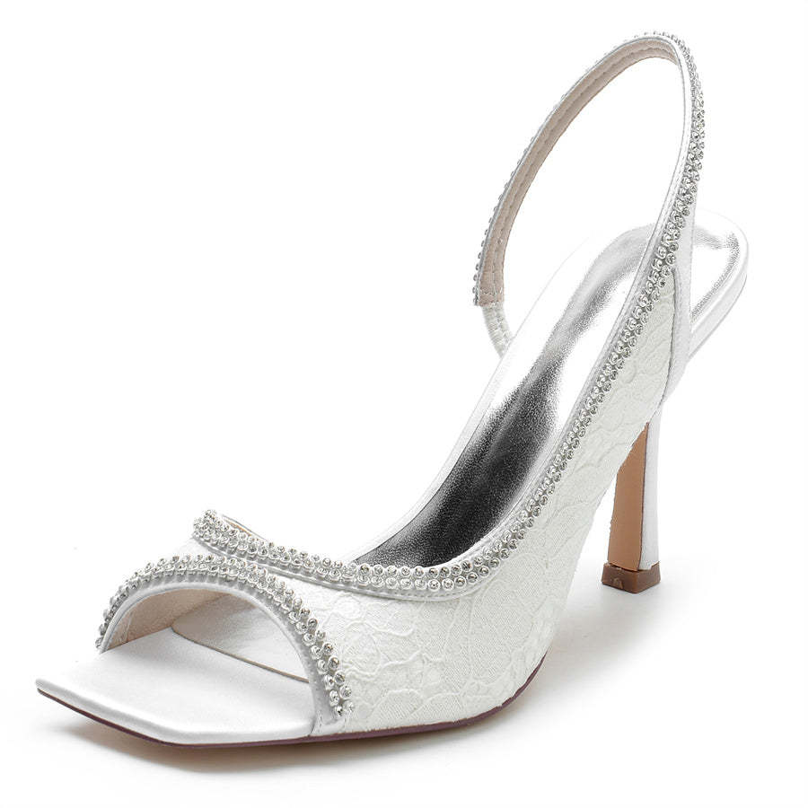 Bridal Lace Peep Toe High Heel Shoes with Crystals for Women