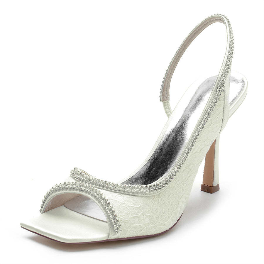 Bridal Lace Peep Toe High Heel Shoes with Crystals for Women