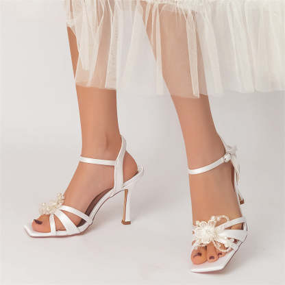 Bridal High Heel Wedding Shoes for Women with Pearls & Flowers Opened Toe