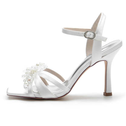 Bridal High Heel Wedding Shoes for Women with Pearls & Flowers Opened Toe