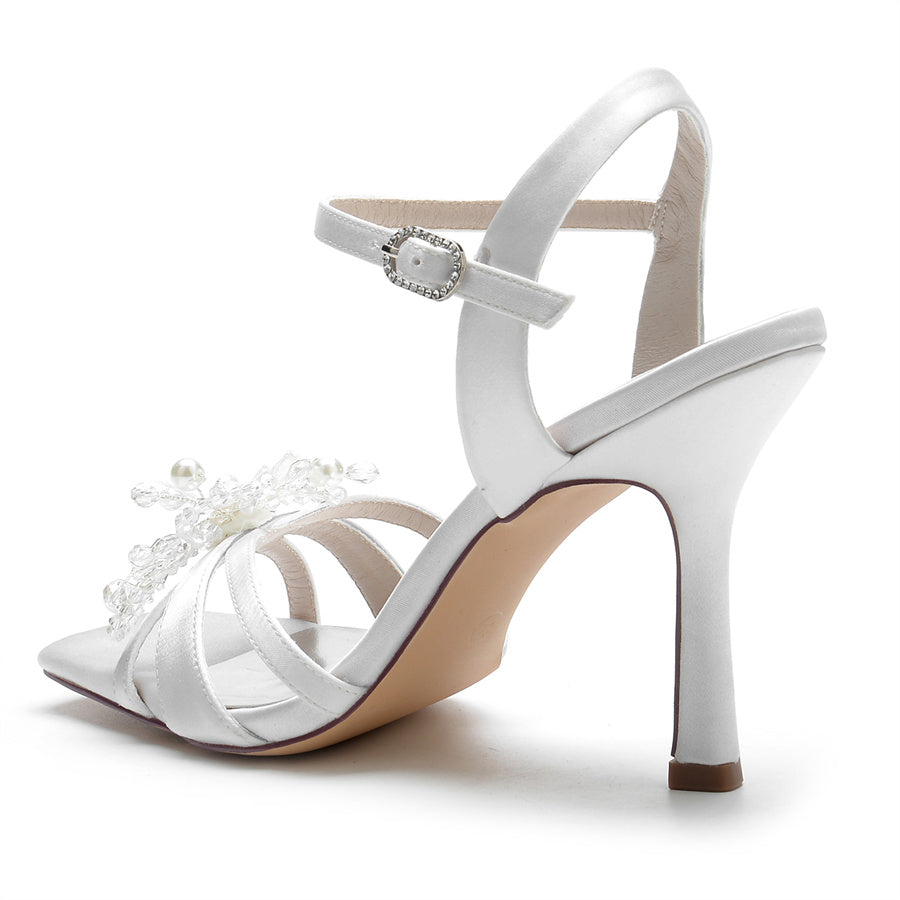 Bridal High Heel Wedding Shoes for Women with Pearls & Flowers Opened Toe