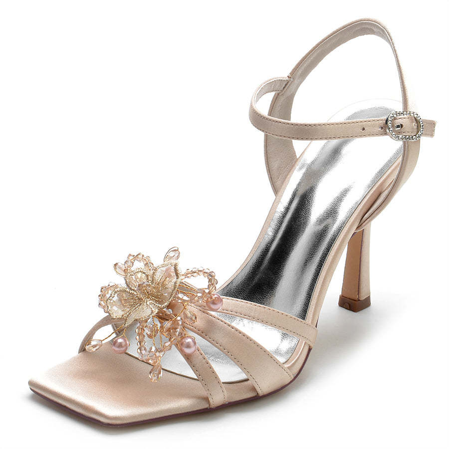 Bridal High Heel Wedding Shoes for Women with Pearls & Flowers Opened Toe
