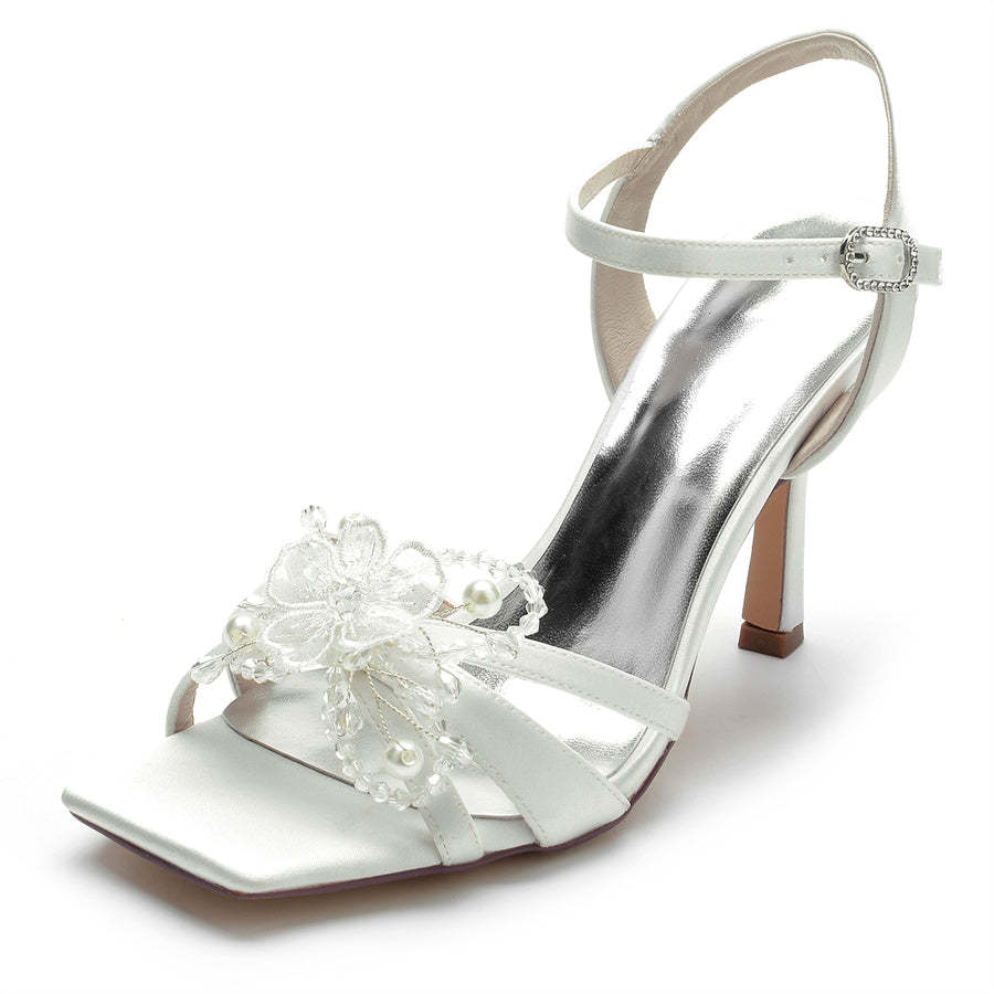 Bridal High Heel Wedding Shoes for Women with Pearls & Flowers Opened Toe