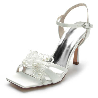 Bridal High Heel Wedding Shoes for Women with Pearls & Flowers Opened Toe