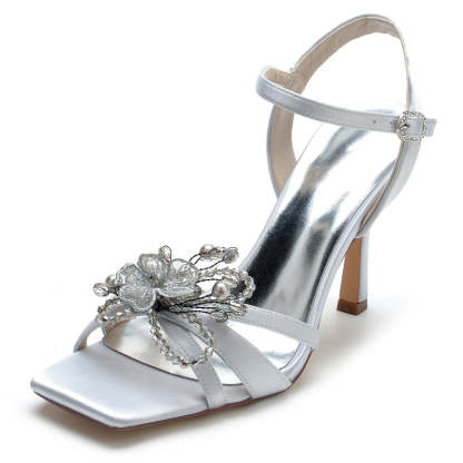 Bridal High Heel Wedding Shoes for Women with Pearls & Flowers Opened Toe