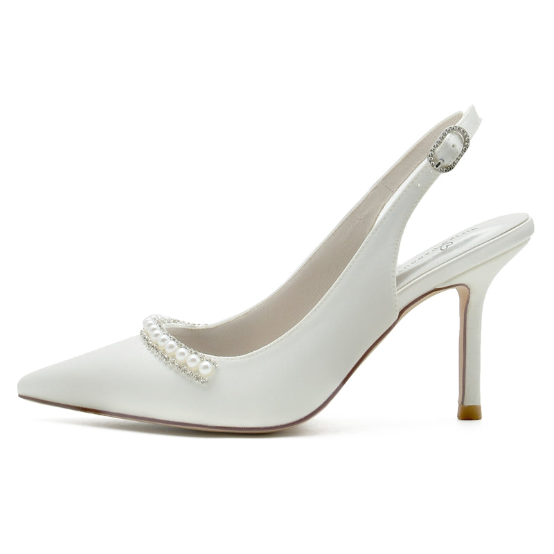 White Bridal Shoes for Women with Pearl Buckle and Pointed Toe