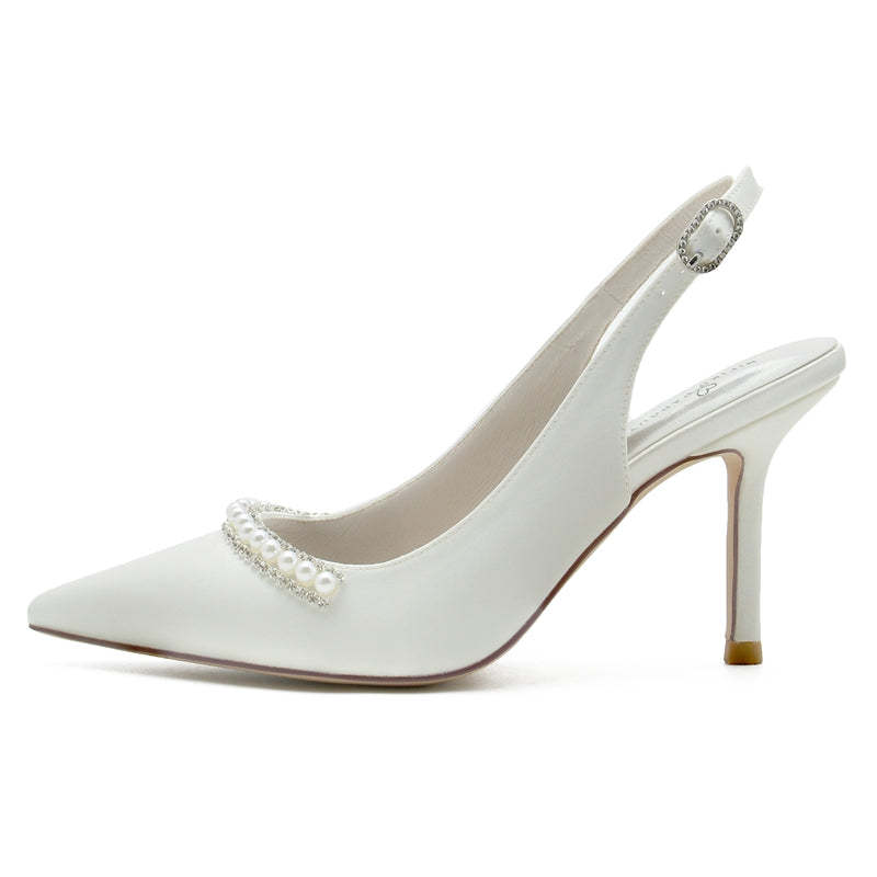White Bridal Shoes for Women with Pearl Buckle and Pointed Toe