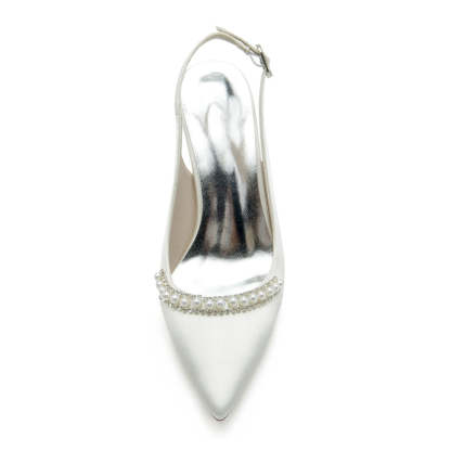 White Bridal Shoes for Women with Pearl Buckle and Pointed Toe