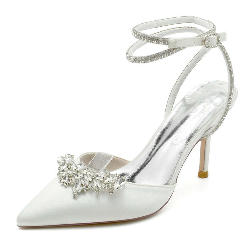 Exquisite High Heel Bridal Shoes for Women with Rhinestone Ankle Strap and Closed Toe