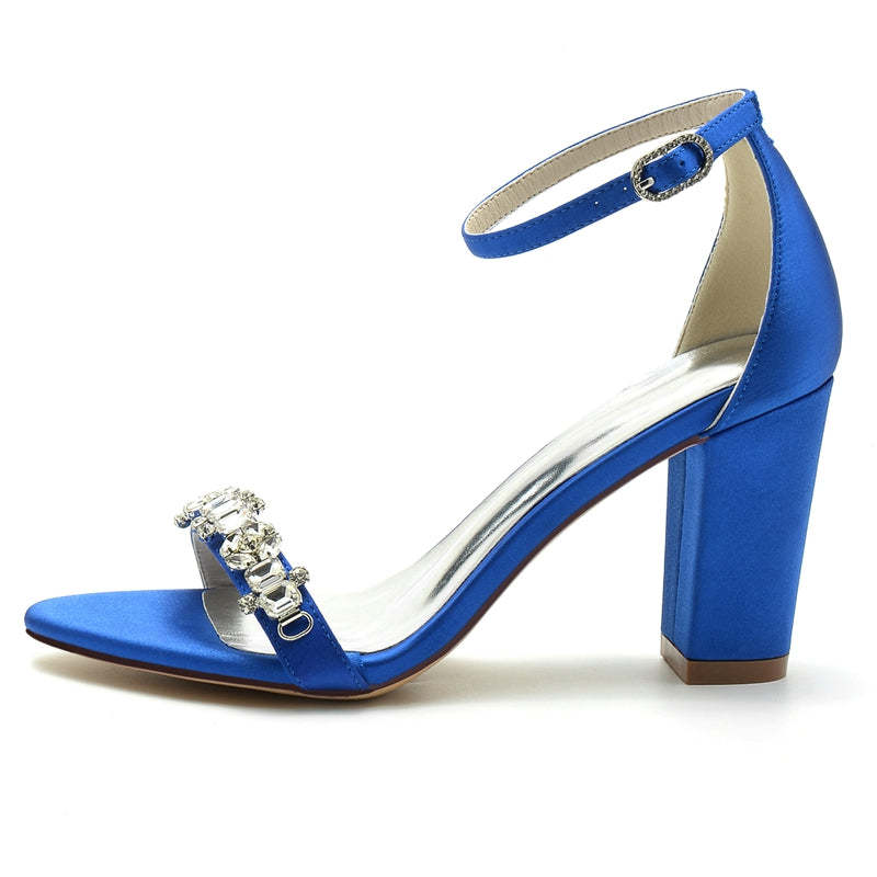 Bridal Shoes for Women with Open Toe Block Heel and Rhinestone Buckle
